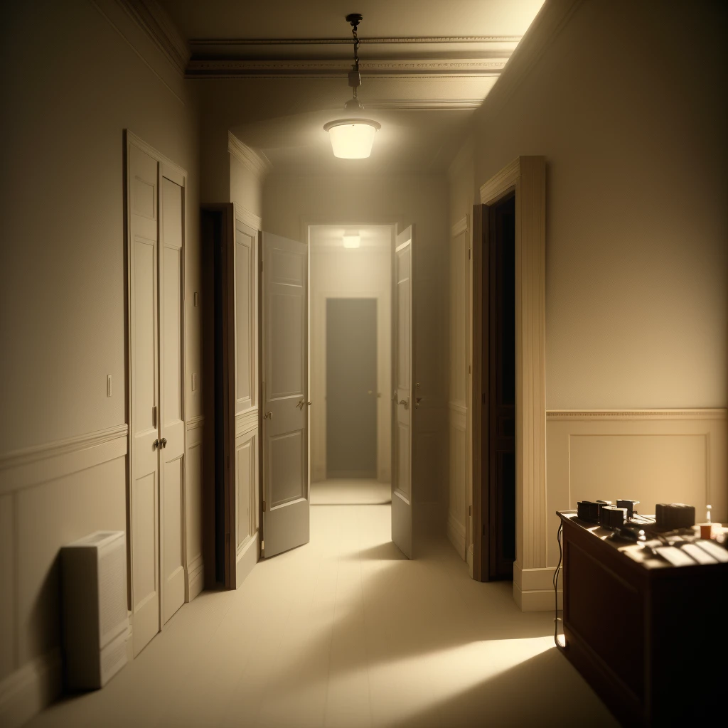 There is a corridor of theater actors' rooms and a corner of the stage, still image from Cinema, production image, cinematic still, wide angle, Pixar 8k image, by Dietmar Damirau, inspired by William Crosby, kramskoi 4k, still production, still from the film,