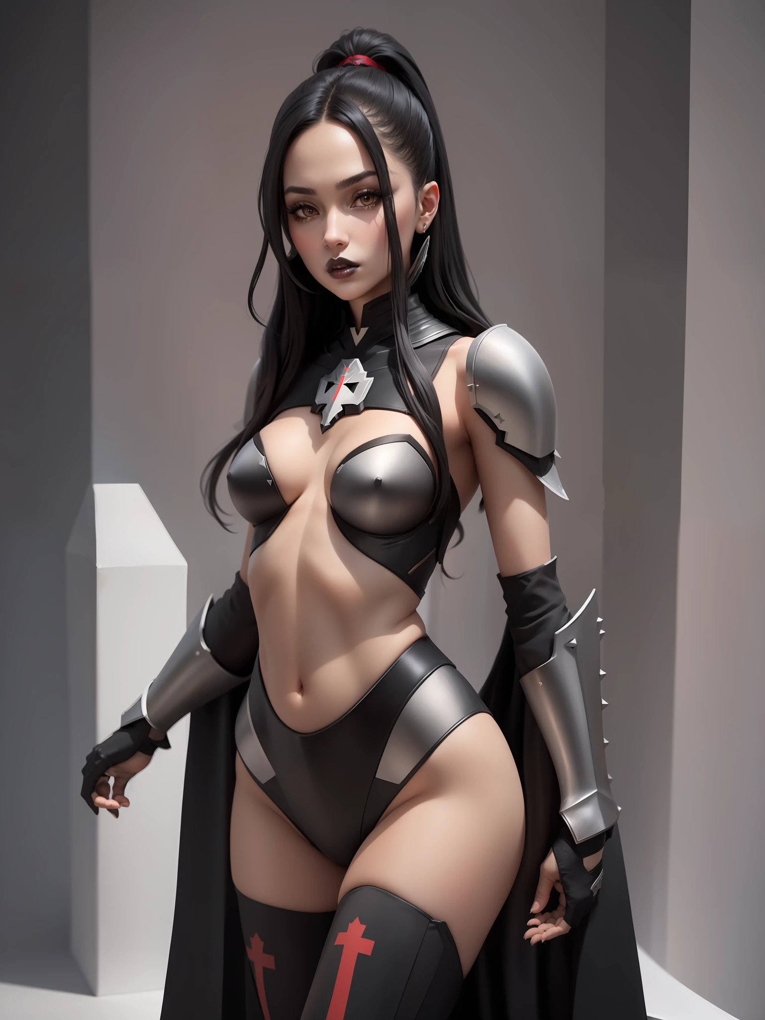 1 woman, Templar armor, long hair, black hair, sexy woman, black lips