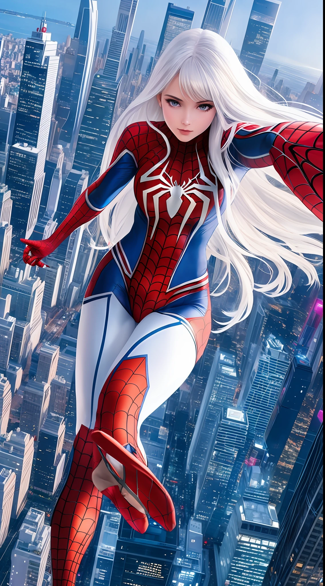 4k, realistic, carismatic, very detail, there is a girl on top city, wearing spiderman costum, she is a spiderman, white super hero theme, white long hair, 25 years old, full body