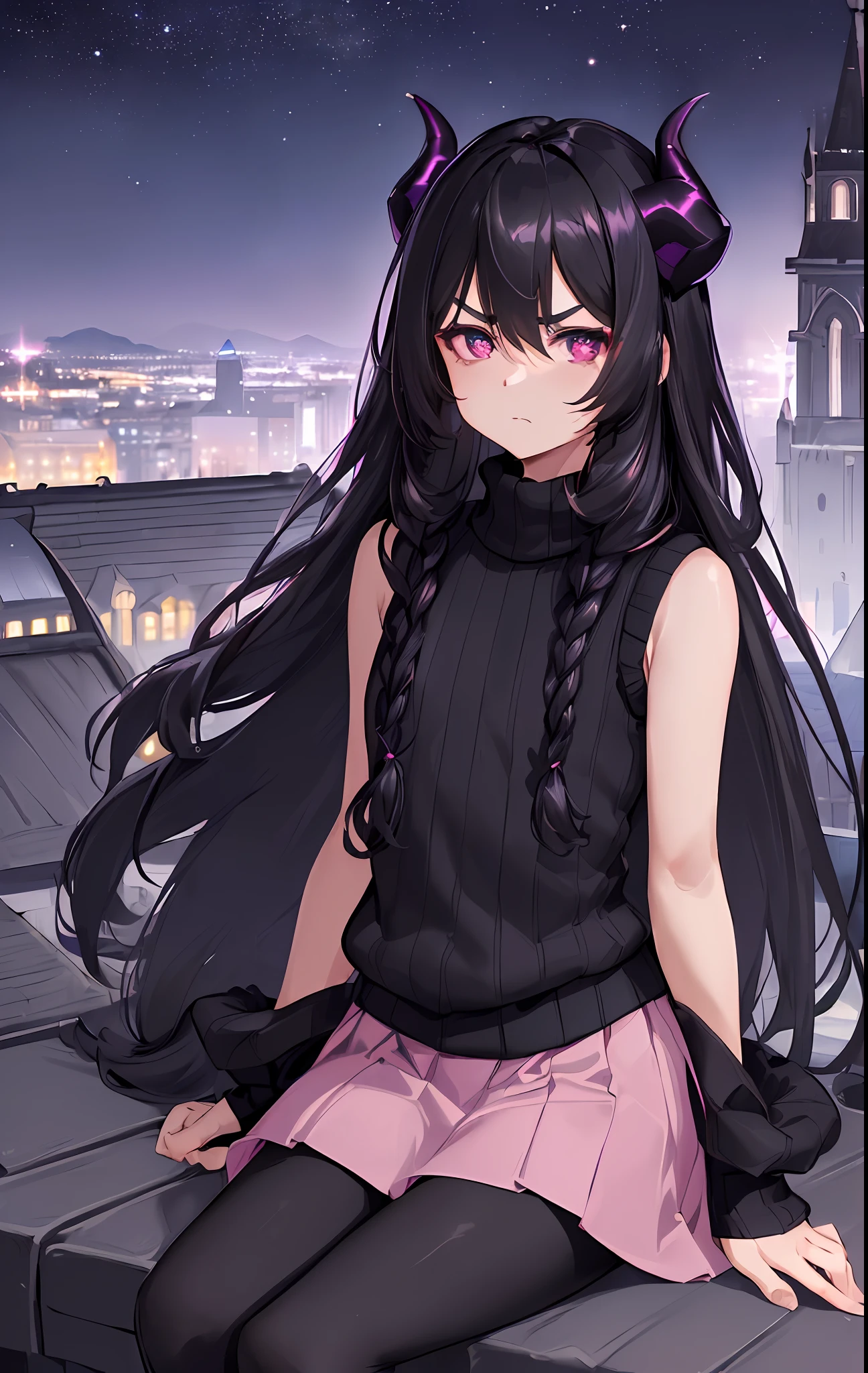 ((highest quality, masterpiece, 4k, finely detailed, gelbooru, pixiv)), finely detailed eyes and detailed face, warm lighting, ((solo)), (1girl, young adult, young woman), ((dark black hair, long hair, shaggy bangs, one braid)), ((demon horns)), ((deep purple eyes, sharp eyes)), ((stern expression, slightly furrowed eyebrows, straight eyebrows, looking at viewer)), small chest, starry sky, detailed city background, ((pink skirt, black leggings)), ((cute fluffy, very puffy and tucked in sleeveless black sweater)), ((elegant pose, sitting on top of church roof, city at night in the background)), very modern futuristic setting