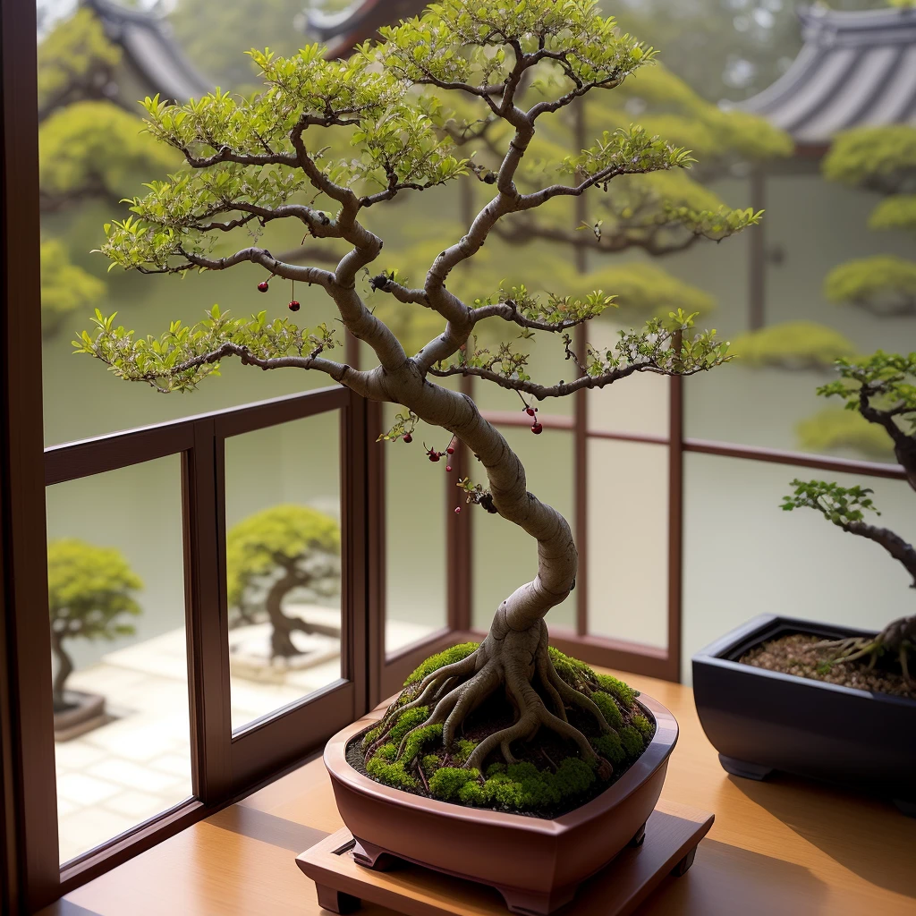 Bonsai Chinese cherry tree, with tiny windows and a door,
