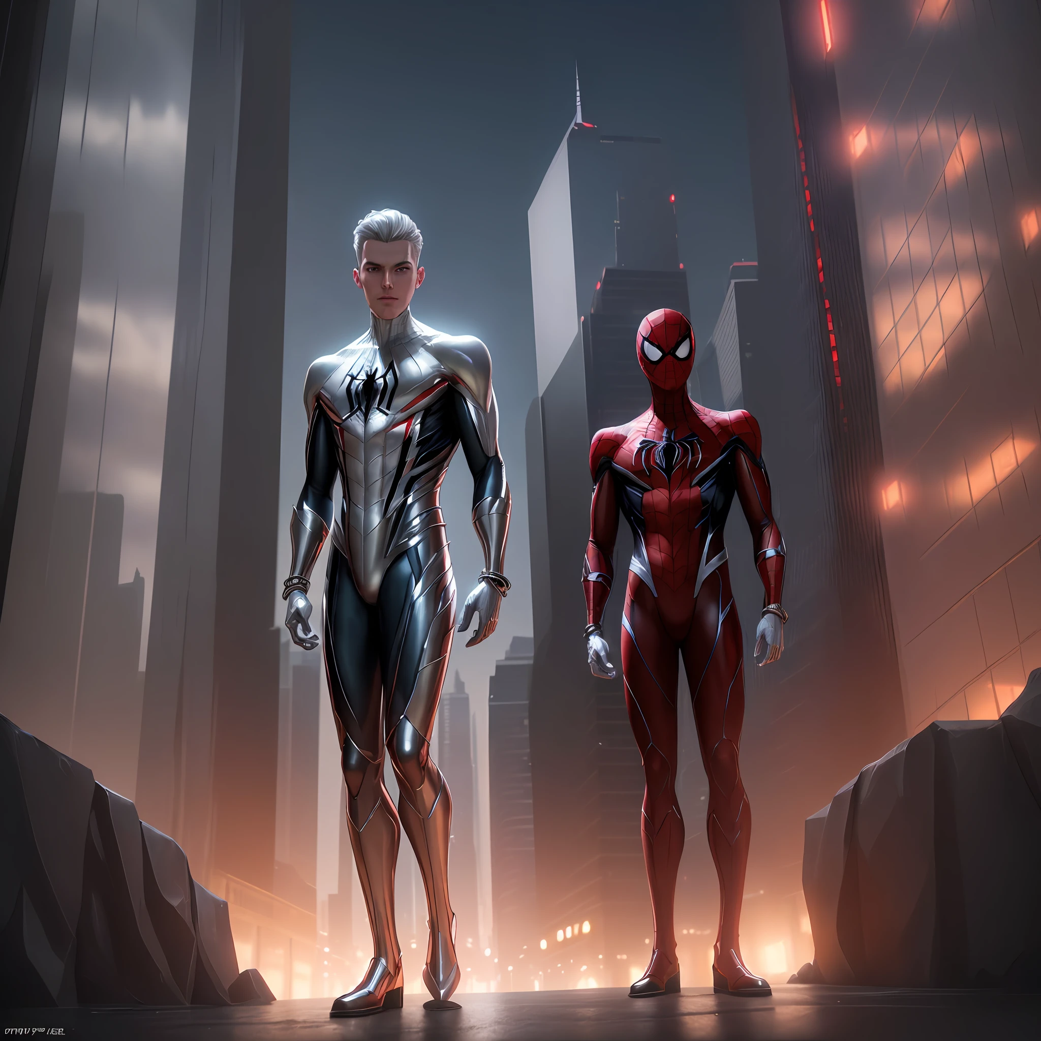 ((full body of male supspr))), (((silver bracelets))), (((sharp fingers))), a spiderman in a red and black suit looking at the city, 8k, unreal engine, octane render, masterpiece, symmetrical, soft lighting, concept art, digital painting,