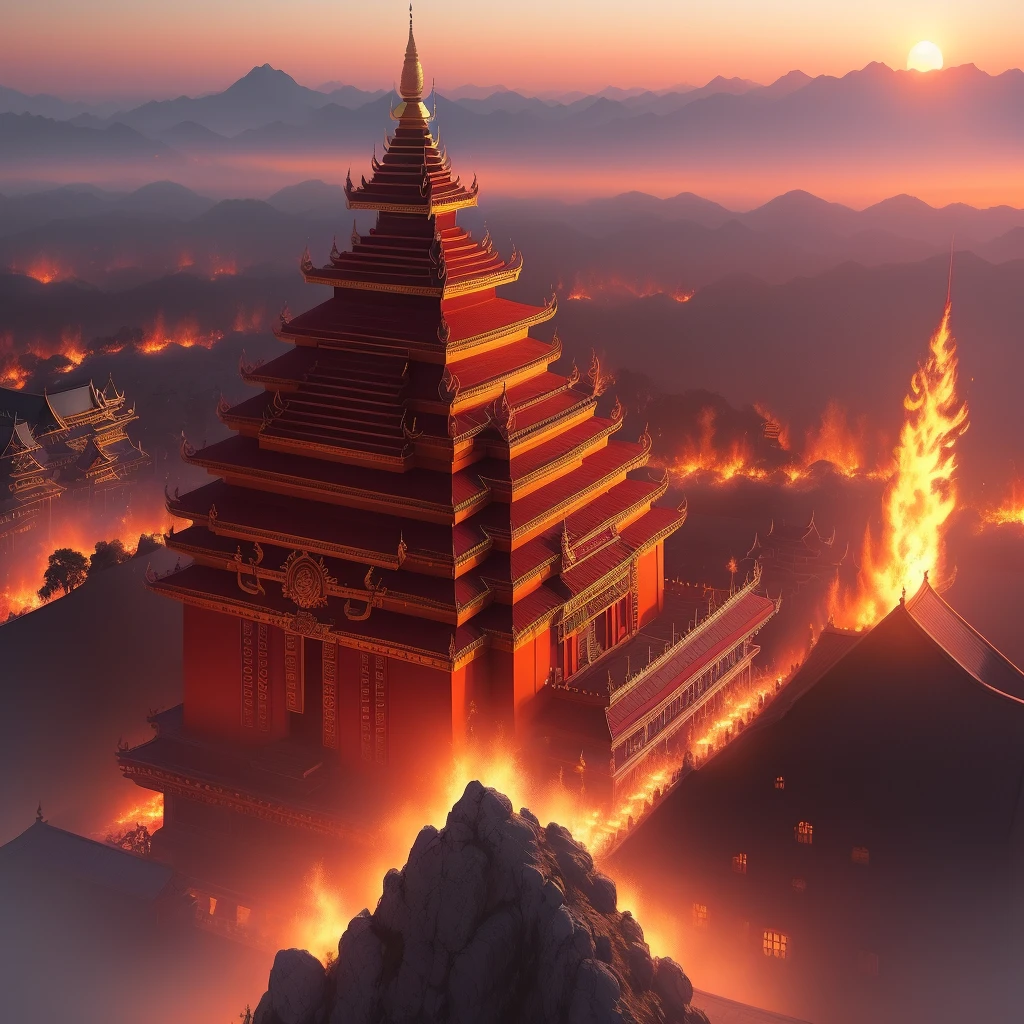 Myanmar dragon, fire palace, in sunset background, cypher, beautiful, hyper realistic, 4k, --v 4 --ar 2:3 -