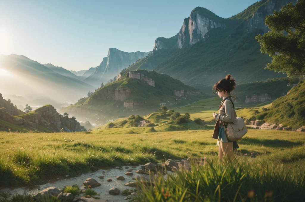 there is a woman walking through a field with a backpack, girl walking on mountain, girl standing on mountain, overlooking a valley, a wanderer on a mountain, girl walking in a canyon, looking at the mountains, by Etienne Delessert, in a mountain valley, by Matthias Weischer, traveling through the mountains, standing in front of a mountain