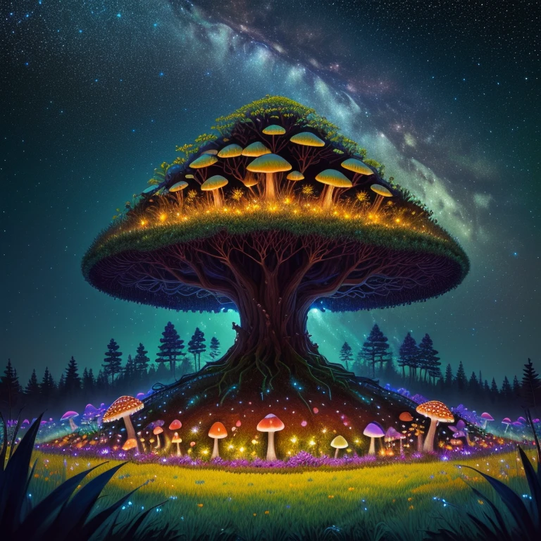 Large anthill on a starry night around insects mushrooms and green grass that shines the moonlight, bright and vibrant colors