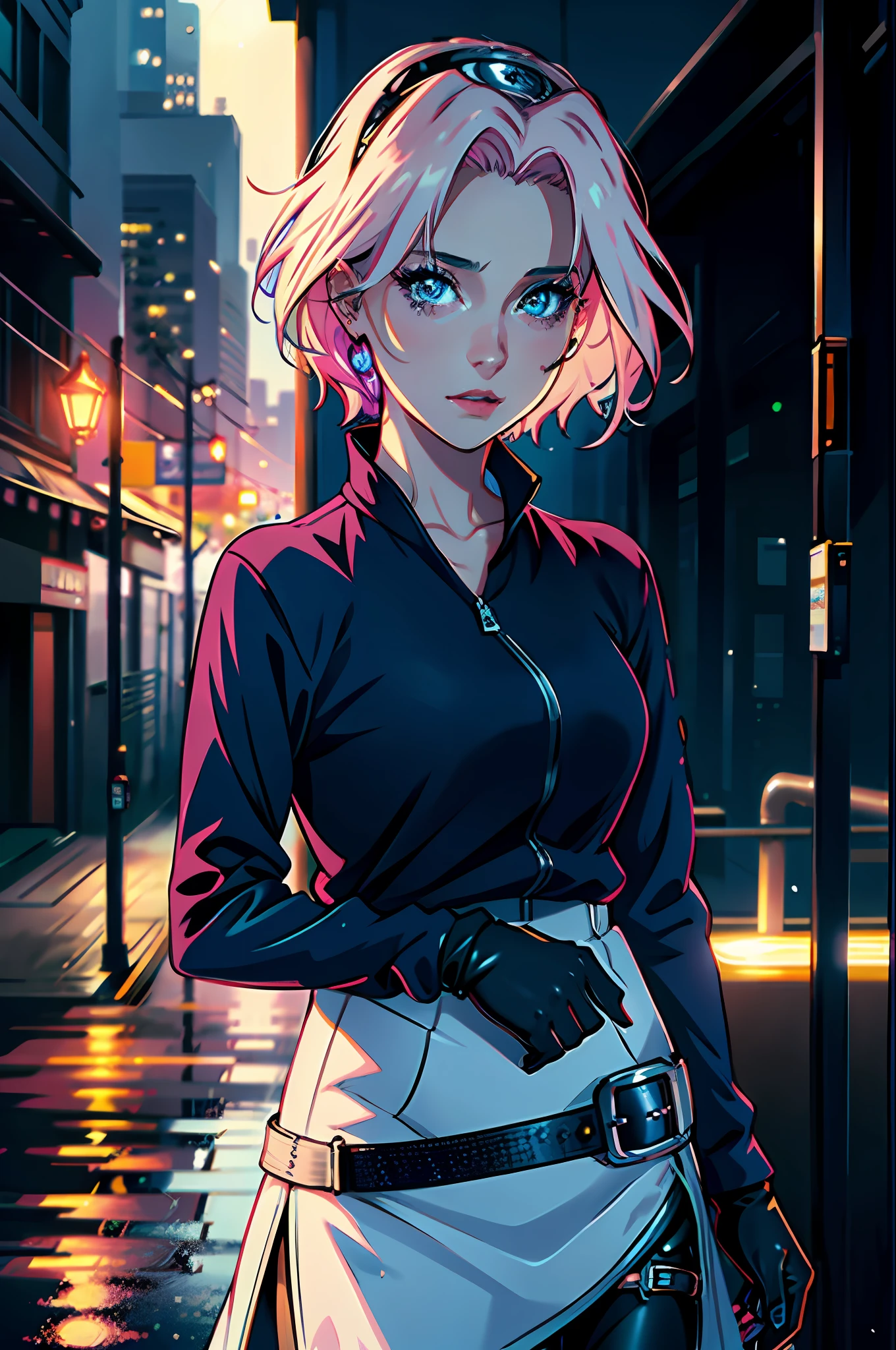 1 girl, casual clothes, princess, tie, gloves, outdoor, sky, full moon, rain, pink hair, forehead showing, short hair, blue eyes, standing, night sky, sideways, reflection, long hair, overcast sky, {{(art teacher) , (extremely detailed CG unit 8k wallpaper), best quality, solo, 1 girl, cinematic lighting, detailed background, beautiful detailed eyes, bright pupils (extremely delicate and beautiful), (beautiful and detailed description of the eye) , ultra detailed, masterpiece,}},