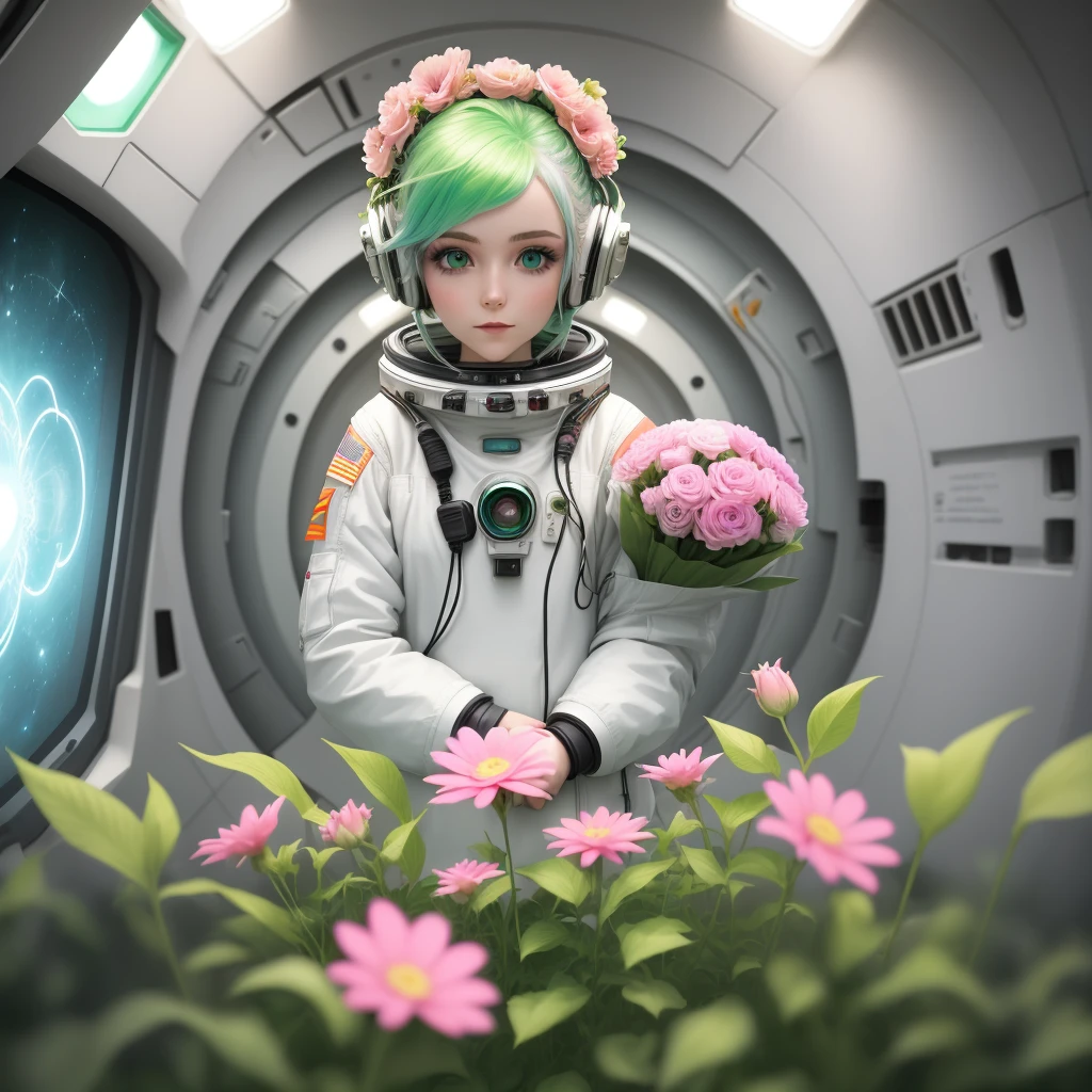 Woman, green hair with pink, flowers in hair, blue eyes, floriculture, Alone, Futuristic, space, modern, Astronaut