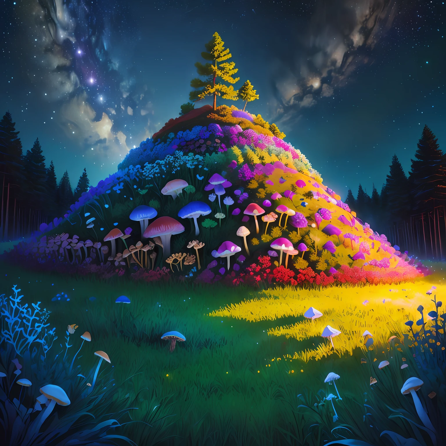 Large anthill on a starry night around insects mushrooms and green grass that shines the moonlight, bright and vibrant colors