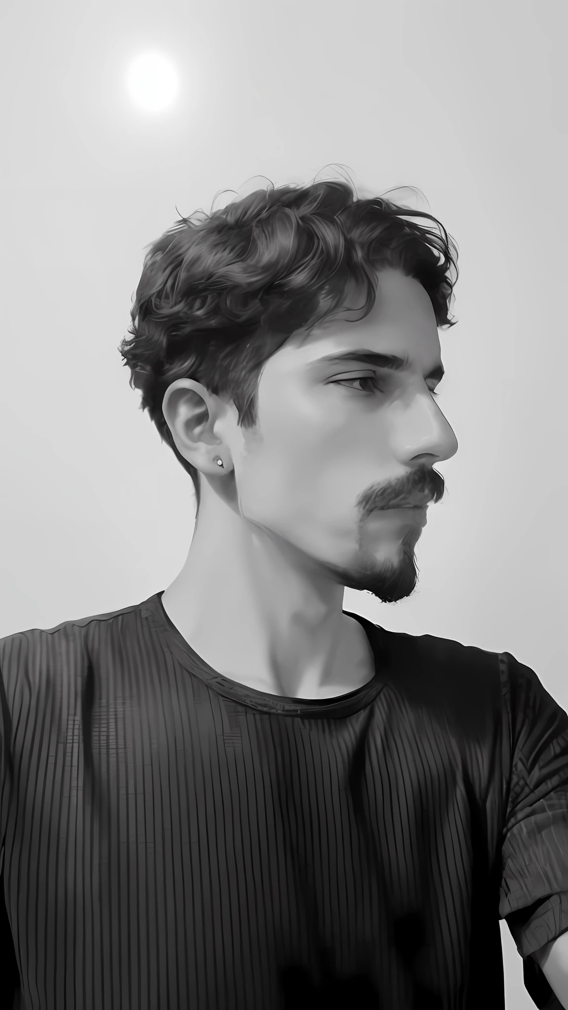 Man with beard and mustache, black and white photo, thin pointed chin, half-body headshot, short goatee, short facial hair, beard on neck, headshot profile photo, by Alexis Grimou, taken in early 2020, portrait centered on side profile, sideburns, smooth symmetrical chin, mostly grayscale