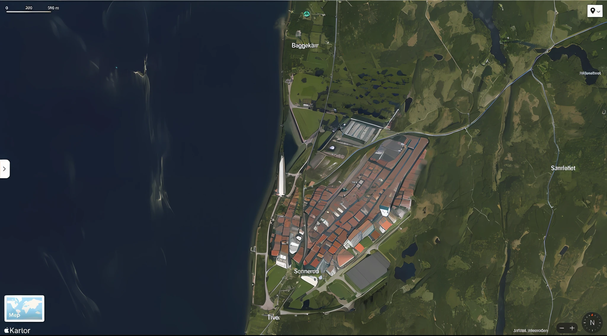 high quality, 8k, satellite image of a small Swedish city with a school a factory and a church with a graveyard,