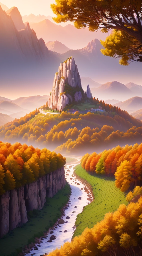 masterpiece, best quality, high quality, extremely detailed CG unity 8k wallpaper, beautiful landscapes, oil painting, award-winning photography, bokeh, depth of field, HDR, bloom, chromatic aberration, photorealistic, extremely detailed, trends in artstation, trends in CGsociety, intricate, highly detailed, dramatic, mid-the-way art And a masterpiece, best quality, high quality, extremely detailed CG 8k wallpaper unit. Lush summer landscape with hilltop green hills stretching towards the horizon, dotted with wildflowers in shades of pink, yellow and purple, volumetric lighting And a masterpiece, the best quality, high quality, extremely detailed wallpaper CG unit 8k A serene autumn landscape surrounded by trees in shades of golden yellow,  fiery red and singed orange. The fresh air carries the sweet aroma of fallen leaves and wood smoke. The ground is covered with a blanket of warm leaves that rustle under your feet. A misty mountain range rises in the distance, volumetric lighting AND a masterpiece, of the best quality, high quality, extremely detailed on