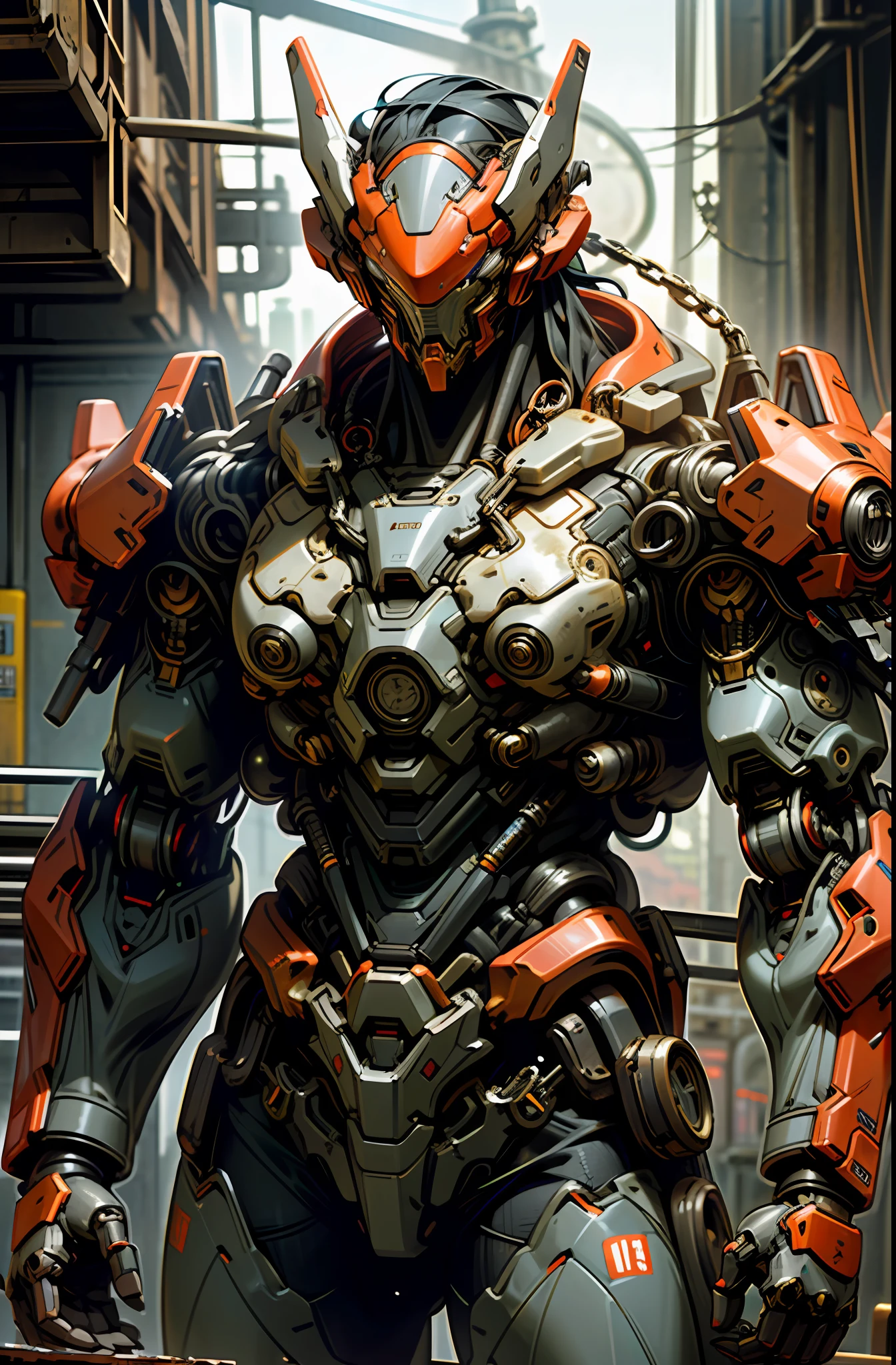 Dark_Fantasy,Cyberpunk,(chain saw,chain saw man,Red:1.1),1man,Mechanical marvel,Robotic presence,Cybernetic guardian, wearing a worn-out mech suit, intricate, (steel metal [rusty]), elegant, clear focus, shot by greg rutkowski, soft lighting, vibrant colors, masterpiece, ((street)), cowboy shot, dynamic pose,