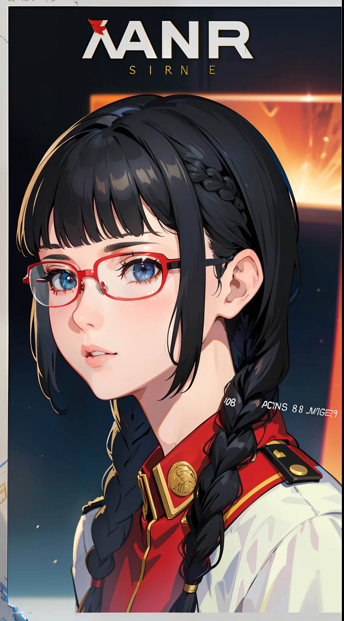 Movie Poster,Anime Reference 86 ,Science Fiction,Sci-Fi,Movies,War Action Movies,Multiple Characters,Women,Adults,Black Hair,(Pia bangs hairstyles : 1.8 ),wearing red glasses,general's uniform,white commander uniform,realistic face details,realism,3d face,((braided hairstyle)),((braided hairstyle)),