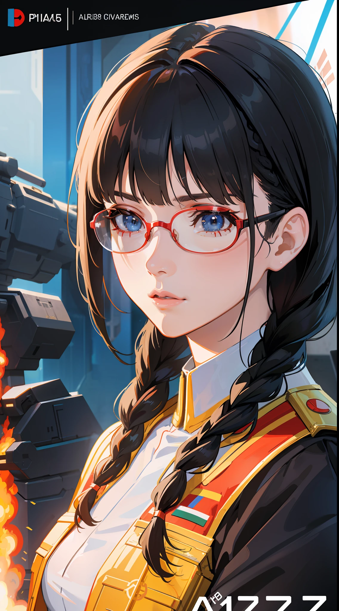 Movie Poster,Anime Reference 86 ,Science Fiction,Sci-Fi,Movies,War Action Movies,Multiple Characters,Women,Adults,Black Hair,(Pia bangs hairstyles : 1.8 ),wearing red glasses,general's uniform,white commander uniform,realistic face details,realism,3d face,((braided hairstyle)),((braided hairstyle)),