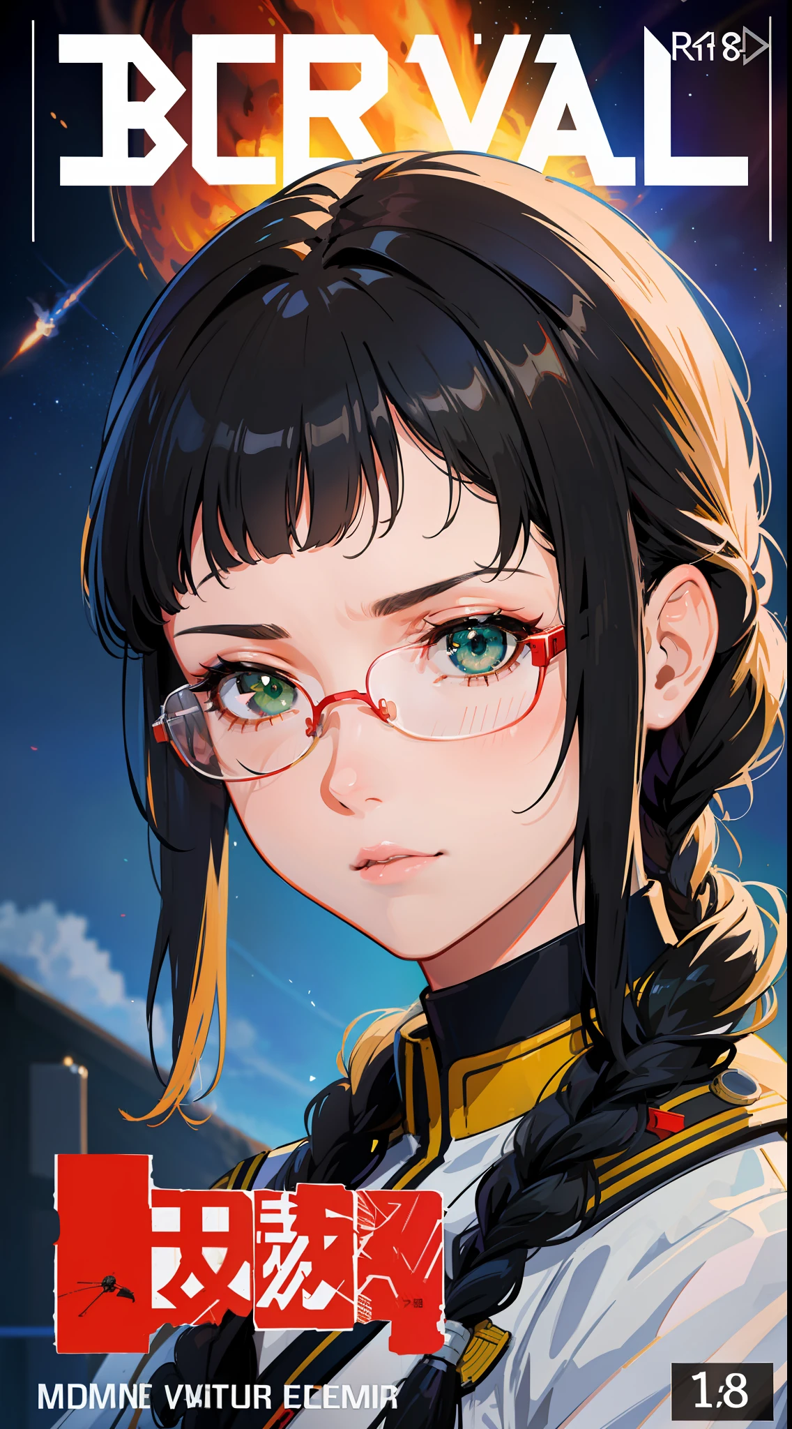 Movie Poster,((Braid Hairstyle : 1.5))),Anime Reference 86 ,Science Fiction,Sci-Fi,Movies,War Action Movies,Multiple Characters,Women,Adults,Green Eyes,Black Hair,(Braided bangs : 1.8 ),(Red Glasses),General Uniform,White Commander Uniform,Realistic Face Details,Realism,3D Face,