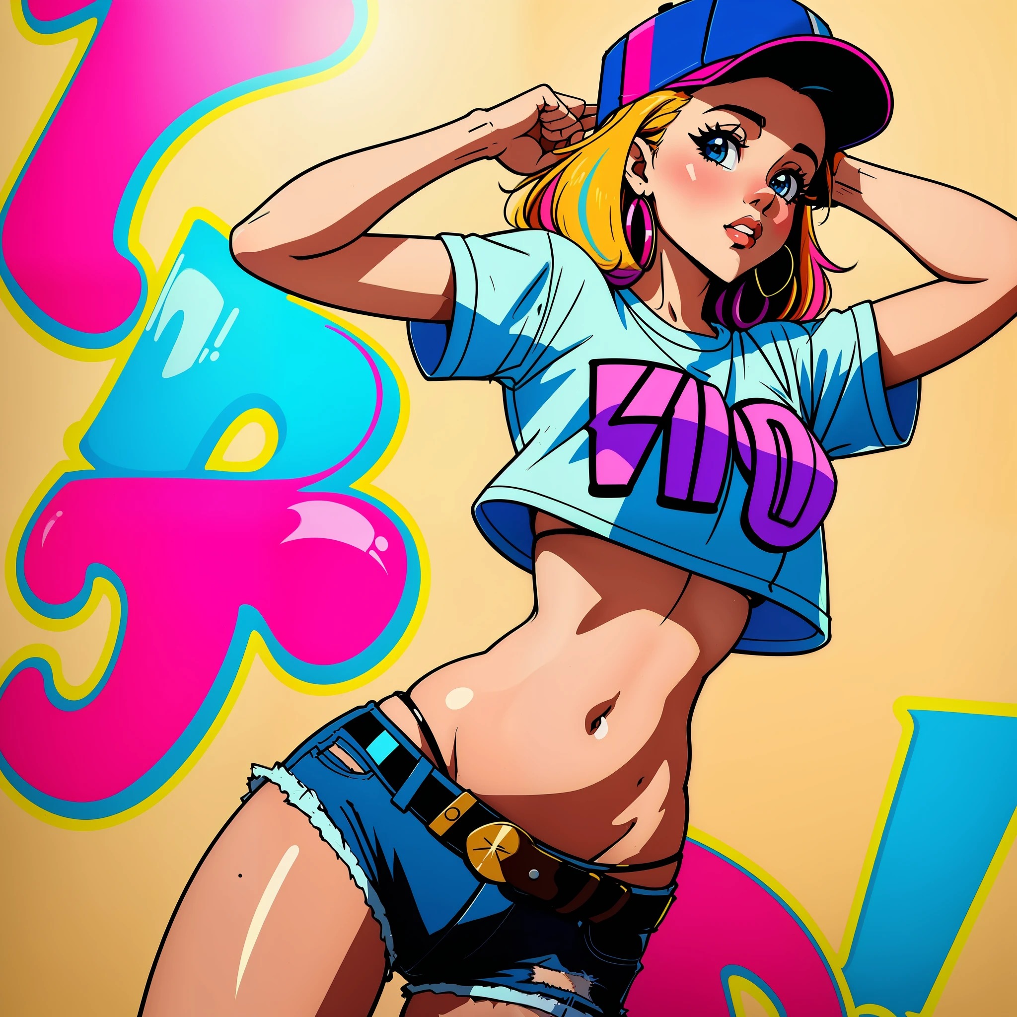 shirt with a girl in a hat and a belt, a photo inspired by Daphne McClure, tumblr, graffiti, tinyest midriff ever, 90s style, 90's aesthetic, 90s aesthetic, 9 0 s aesthetic, rave outfit, wearing crop top, cute rave outfit, with ripped crop t - shirt