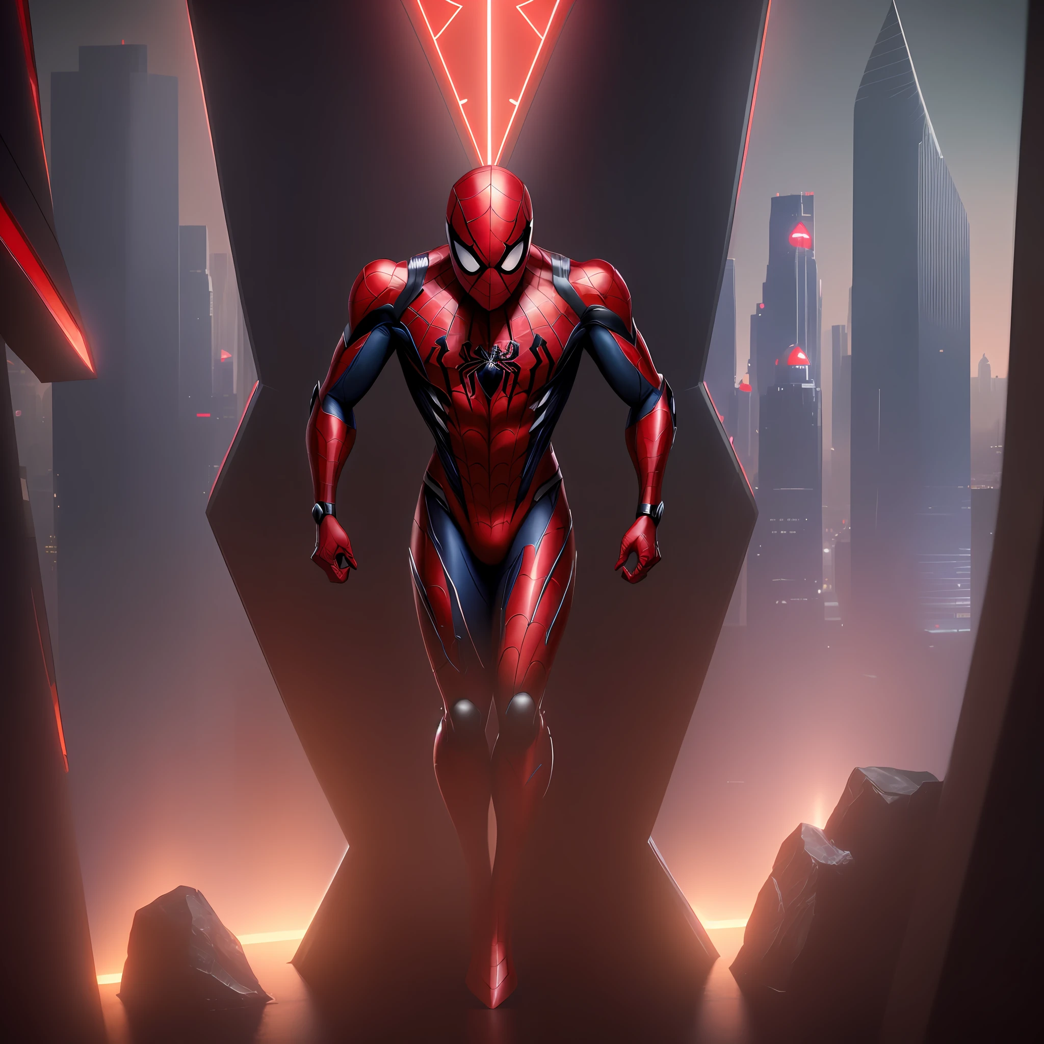 ((full body of male supspr))), (((sharp fingers))), a spiderman in a red and black suit looking at the city, 8k, unreal engine, octane render, masterpiece, symmetrical, soft lighting, concept art, digital painting,