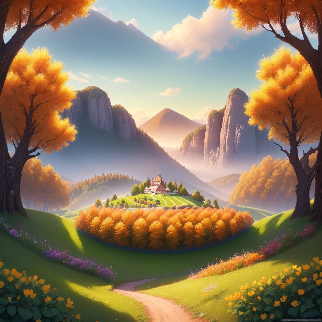 masterpiece, best quality, high quality, extremely detailed CG unity 8k wallpaper, beautiful landscapes, oil painting, award-winning photography, bokeh, depth of field, HDR, bloom, chromatic aberration, photorealistic, extremely detailed, trends in artstation, trends in CGsociety, intricate, highly detailed, dramatic, mid-the-way art And a masterpiece, best quality, high quality, extremely detailed CG 8k wallpaper unit. Lush summer landscape with hilltop green hills stretching towards the horizon, dotted with wildflowers in shades of pink, yellow and purple, volumetric lighting And a masterpiece, the best quality, high quality, extremely detailed wallpaper CG unit 8k A serene autumn landscape surrounded by trees in shades of golden yellow, fiery red and singed orange. The fresh air carries the sweet aroma of fallen leaves and wood smoke. The ground is covered with a blanket of warm leaves that rustle under your feet. A misty mountain range rises in the distance, volumetric lighting AND a masterpiece, of the best quality, high quality, extremely detailed on