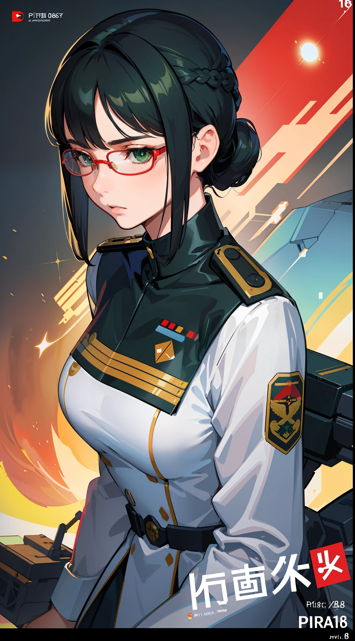 Movie Poster,((Pia Hairstyle: 1.5))),Anime Reference 86 ,Science Fiction,Sci-Fi,Movies,War Action Movies,Multiple Characters,Woman,Adult,Green Eyes,Black Hair,(Pia Hairstyles : 1.8 ),(Red Glasses),General Uniform,White Commander Uniform,Realistic Face Details,Realism,3D Face,