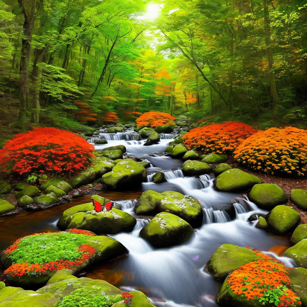 Images colorful forest diverse colors with colorful flowers orange green red blue river butterflies real photo 3d cinema 8k sun well lit vibrant colors shrubs rocks
