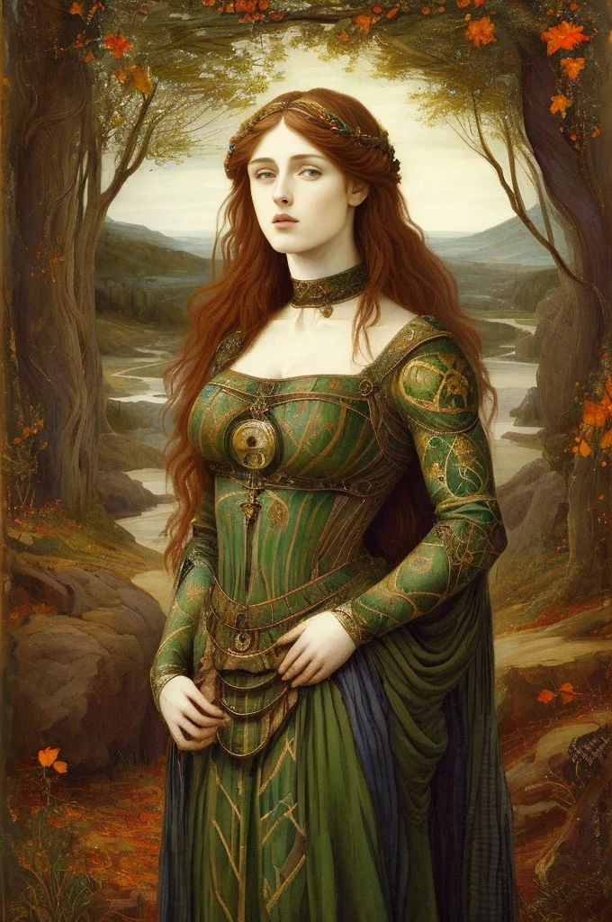 (((Pre-Raphaelite painting))) Celtic goddess of the stars wearing a plaid outfit, star, goddess of healing, a serpent curls up in her arm, on the top of her head there is a bright star, scene wrapped in mysticism and magic, autumnal tones, flying in the sky