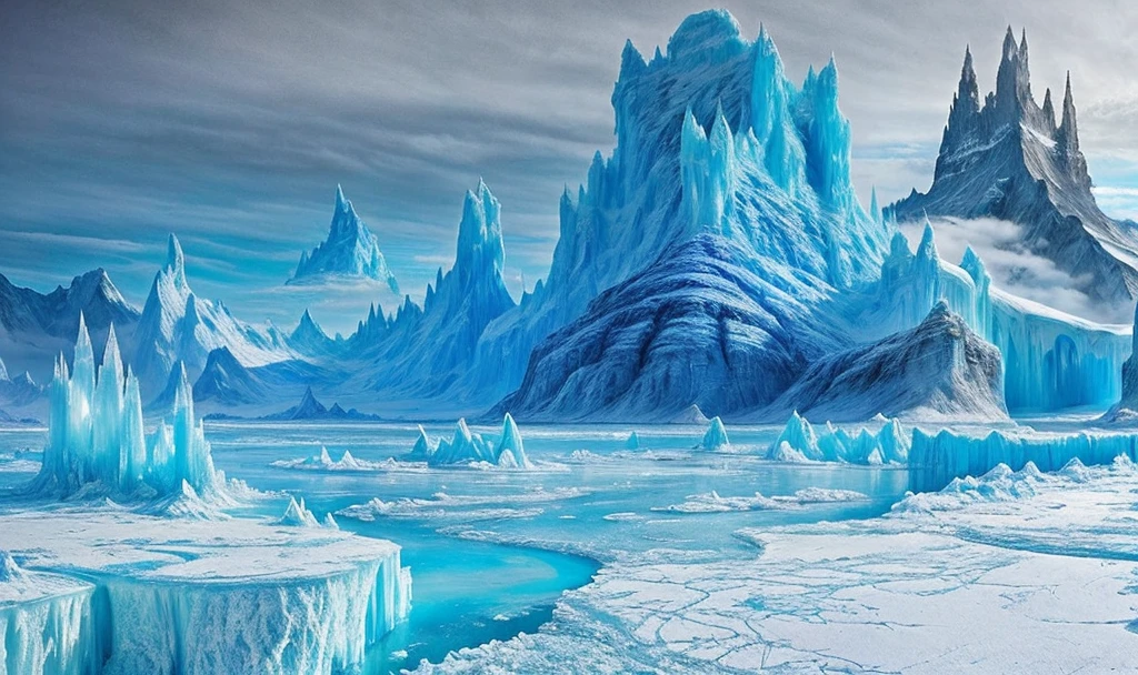 big ice castle, surreal frozen landscape, ice city, icy landscape, ice planet, icy tundra, ice cream, ice mine, ice mountains in the distance, blue ice, glacial lake with interconnected ice cliffs forming bridges to a blue tower in the center, water kingdom, ultra-realistic, ultra-detailed, high fantasy