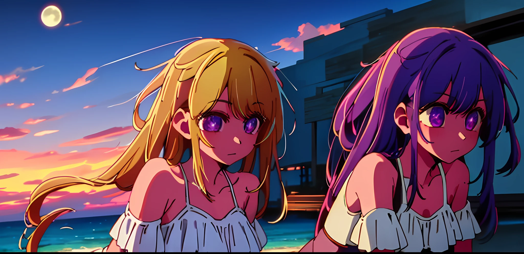 2girls, masterpiece, best quality, night, hill, clouds, full moon, long hair, diaphragm. First girl blonde hair, second girl purple hair, beach background, swimsuit,