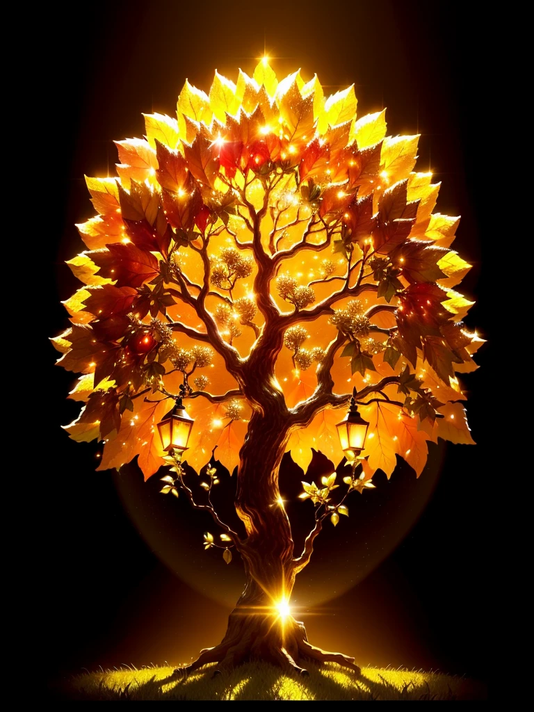 Magical wonder tree that glows in a golden shine. Afternoon. Golden apples are between the leafs. Golden particle in the air. 16k. High resolution