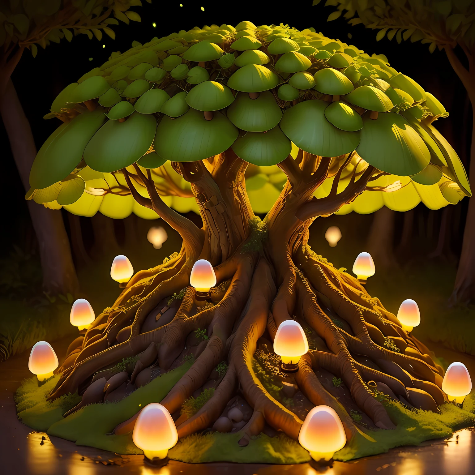 mushroom banyan anthill house firefly lights realistic singular