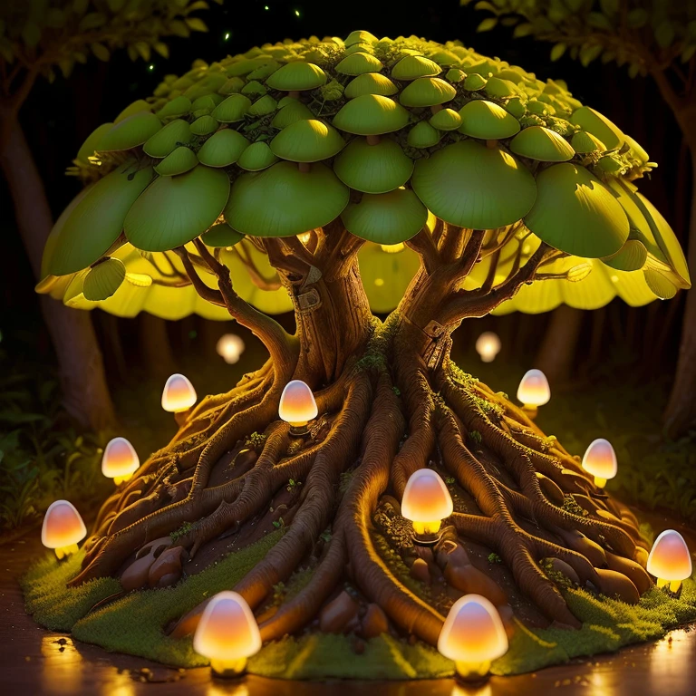 mushroom banyan anthill house firefly lights realistic singular