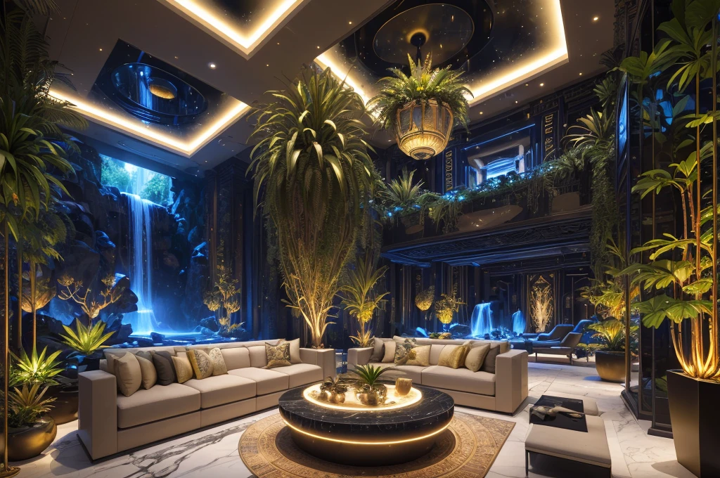 incredible luxurious futuristic living room interior in Ancient Egyptian style with many (((lush plants))), ((beautiful flowers)), (lotus flowers), ((palm trees)), rocky walls, ((sand)), ((waterfalls)) (marble), ((precious minerals)), ((metals)), (gemstones), crystals, clouds and ((water)), futuristic luxury furniture, crocodiles, (hieroglyphics), (((ultra luxury))), (black marble) – with ((beautiful lights)), Unreal Engine, HQ, 16k