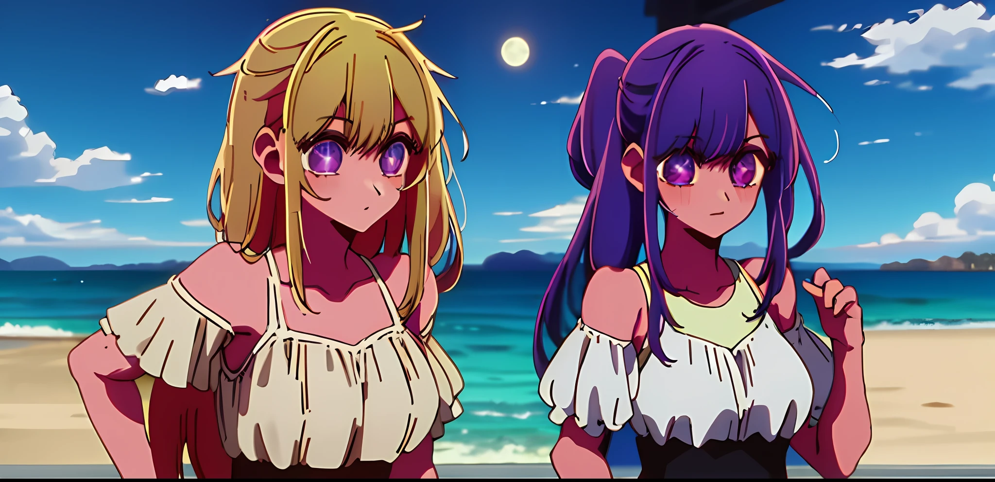 2girls, masterpiece, best quality, night, hill, clouds, full moon, long hair, diaphragm. First girl blonde hair, second girl purple hair, beach background, swimsuit,