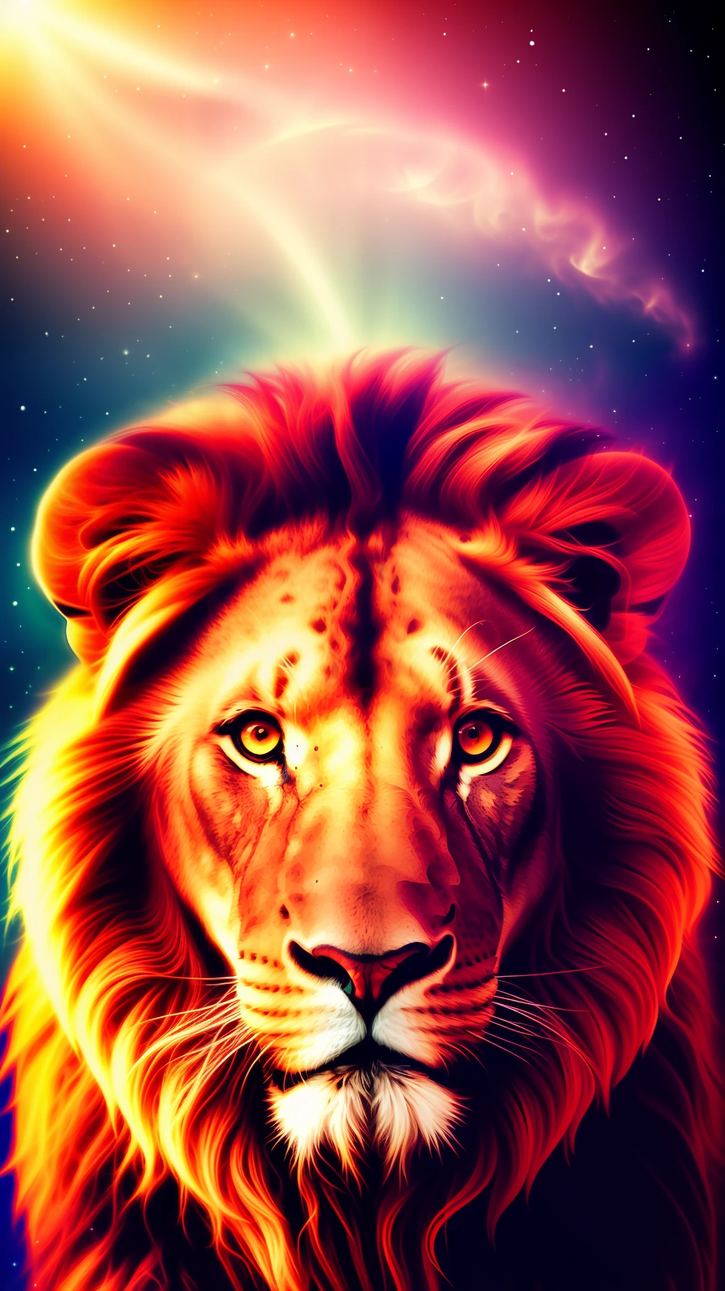 absurd, ultra detailed, Create an image using a prism effect, with light refraction and creating a colorful and kaleidoscopic appearance. Create an image with fisheye lens effect, capturing a wide field of view with a distinct, curved perspective. Capture of a lion with imposing Greek sculpture style expression, with a beautiful nebula in the background, conveying a sense of tranquility and natural beauty. , Illustrate a monochrome world, convey depth, emotion and an impressive visual impact
