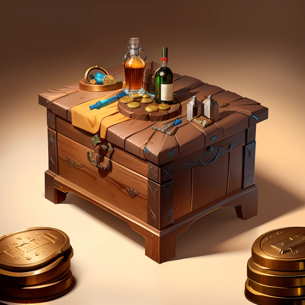 isometric view, game design, high quality, anthill like a old wood chest with bronze coins and rum bottle-upscale