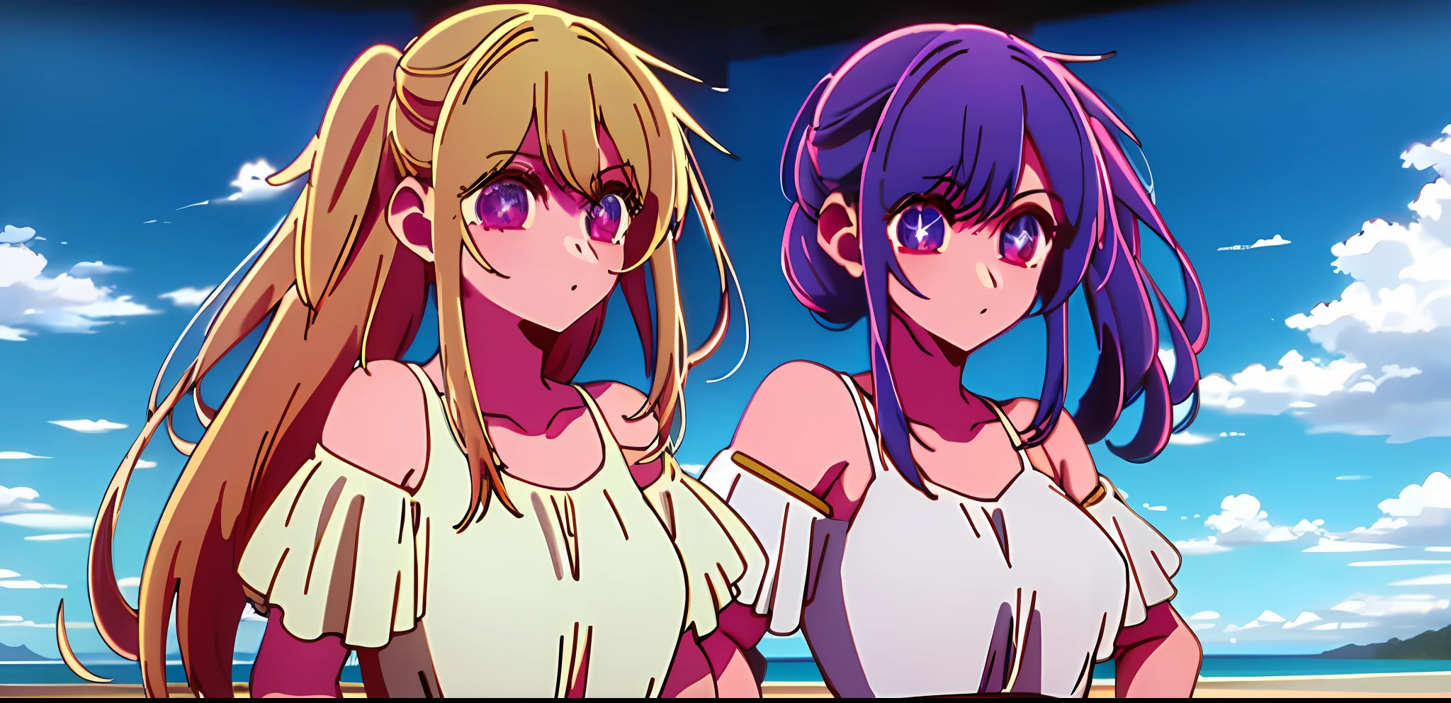 2girls, masterpiece, best quality, night, hill, clouds, full moon, long hair, diaphragm. First girl blonde hair, second girl purple hair, beach background, swimsuit,