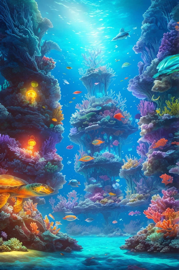 Turtle in the ocean, corals and colorful algae 4K vector image, full hd