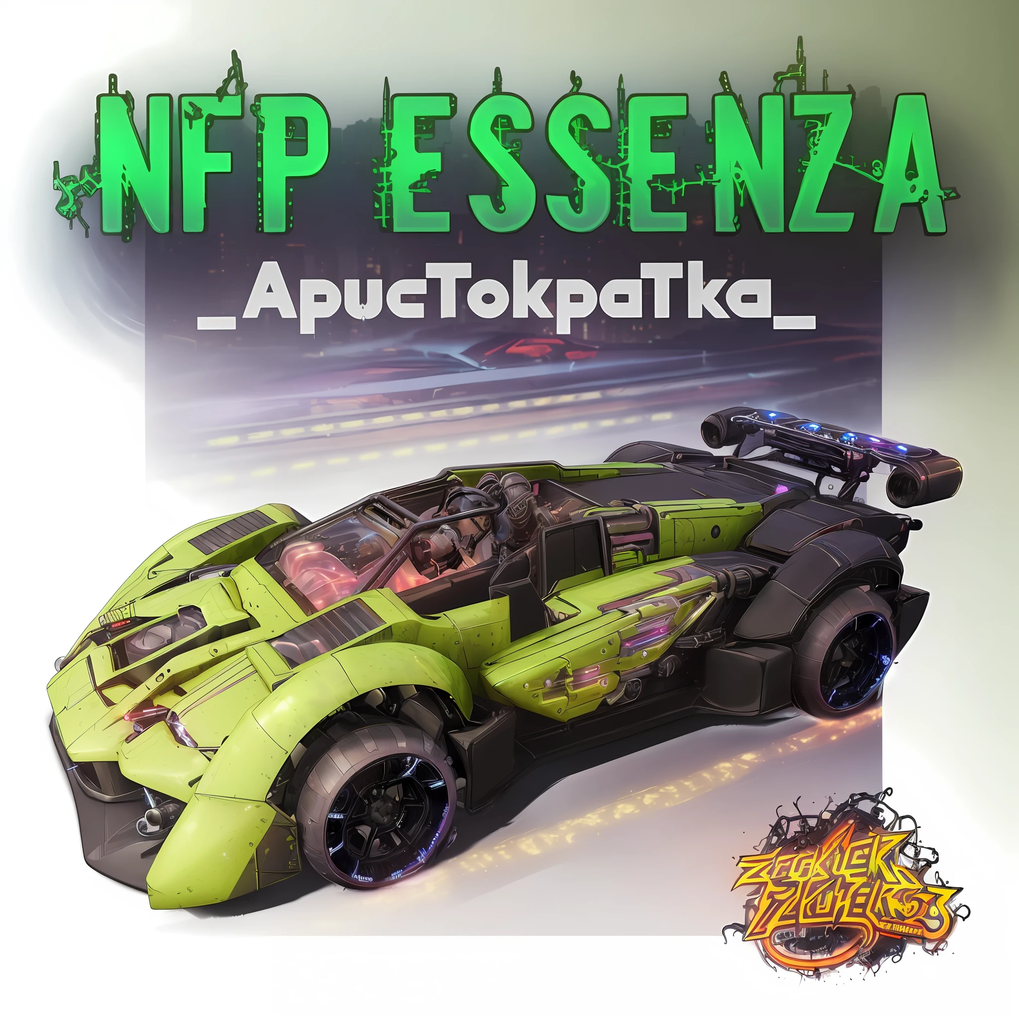 a 3/4 front view of ((futuristic cyberpunk hotrod zeekars)) (with glowing tires), neon glow , cyberpunk muscle car, lighting storm in the background, Black and ((dark blue)), in cyberpunk city, ((badass))
