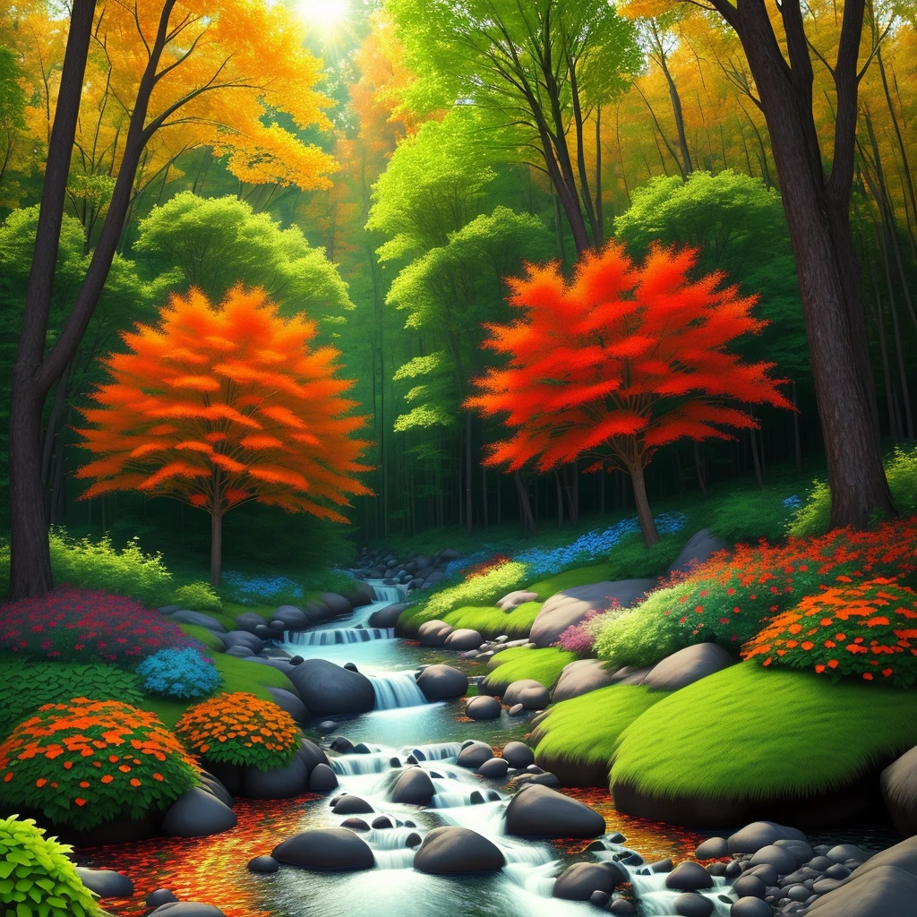 Images colorful forest diverse colors with colorful flowers orange green red blue river butterflies real photo 3d cinema 8k sun well lit vibrant colors shrubs rocks, beautiful trees with a little color