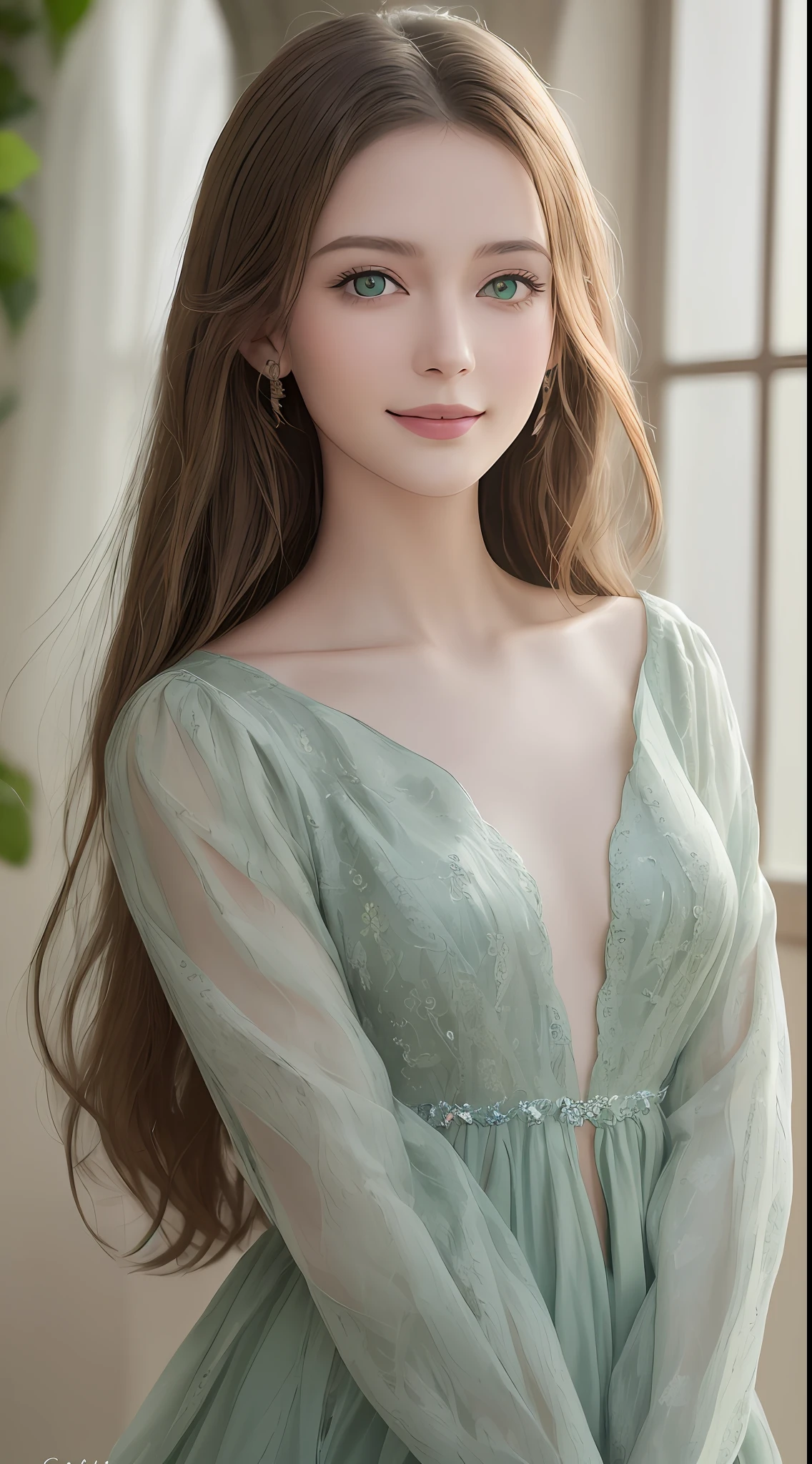 A wonderful picture of the most beautiful young woman in the world, green eyes, European, slightly open mouth, looking at you, gentle face, smiling, sharp focus, hyper-realistic skin, detailed, high resolution, taken with the Canon EOS R7, wide angle, perfect natural light, head and torso, fragile skin, flawless