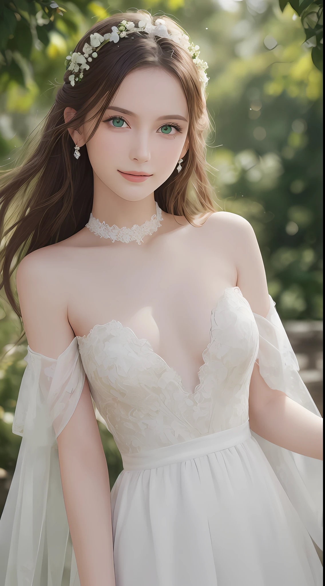 A wonderful picture of the most beautiful young woman in the world, green eyes, European, slightly open mouth, looking at you, gentle face, smiling, sharp focus, hyper-realistic skin, detailed, high resolution, taken with the Canon EOS R7, wide angle, perfect natural light, head and torso, fragile skin, flawless