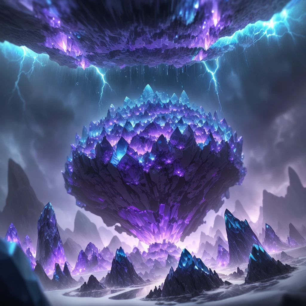 (extremely detailed, masterpiece, best quality), floating crystal ant colony, high resolution, dynamic angle, (blue:1.3)|(purple) crystal colors, thunderstorm, lightning, dark clouds, silver, glowing, shiny, reflective surfaces