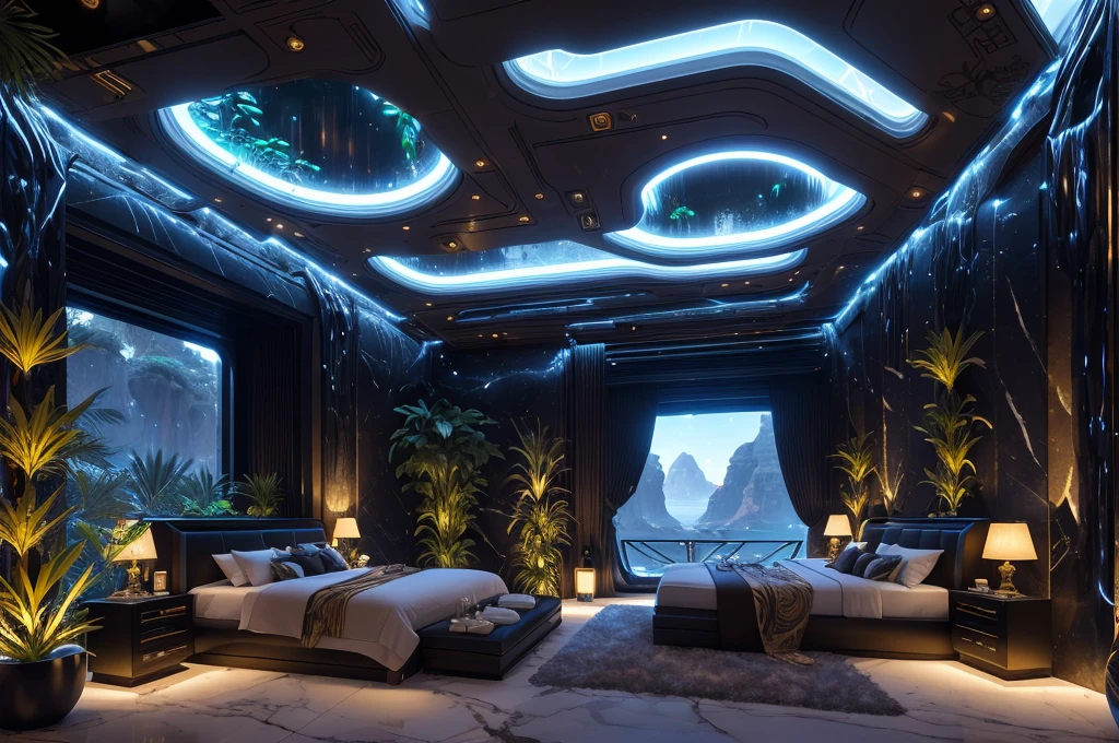 incredible luxurious futuristic bedroom interior in Ancient Egyptian style with many (((lush plants))), ((beautiful flowers)), (lotus flowers), ((palm trees)), rocky walls, ((sand)), ((waterfalls)) (marble), ((precious minerals)), ((metals)), (gemstones), crystals, clouds and ((water)), (futuristic luxury furniture), crocodiles, (hieroglyphics), (((ultra luxury))), (black marble) – with ((beautiful lights)), Unreal Engine, HQ, 16k