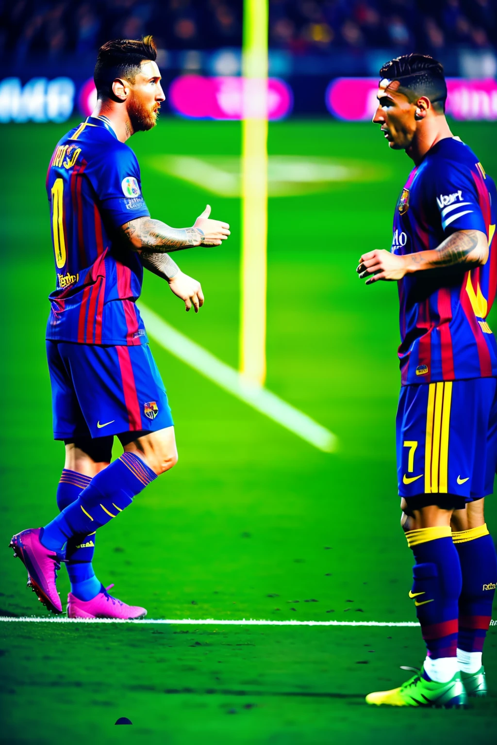 Messi and Cristiano Ronaldo face off on a football field,8K,35 mm