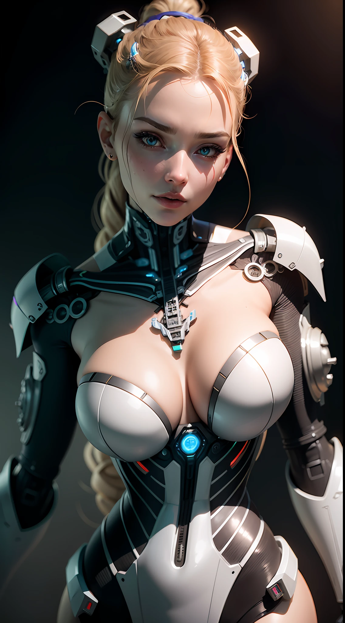 Ultra detailed complex 3D rendering of a gorgeous porcelain profile Android face, cyborg, robotic parts, 150 mm, beautiful soft studio light, rim light, vibrant details, cyberpunk woman fiddling with computer