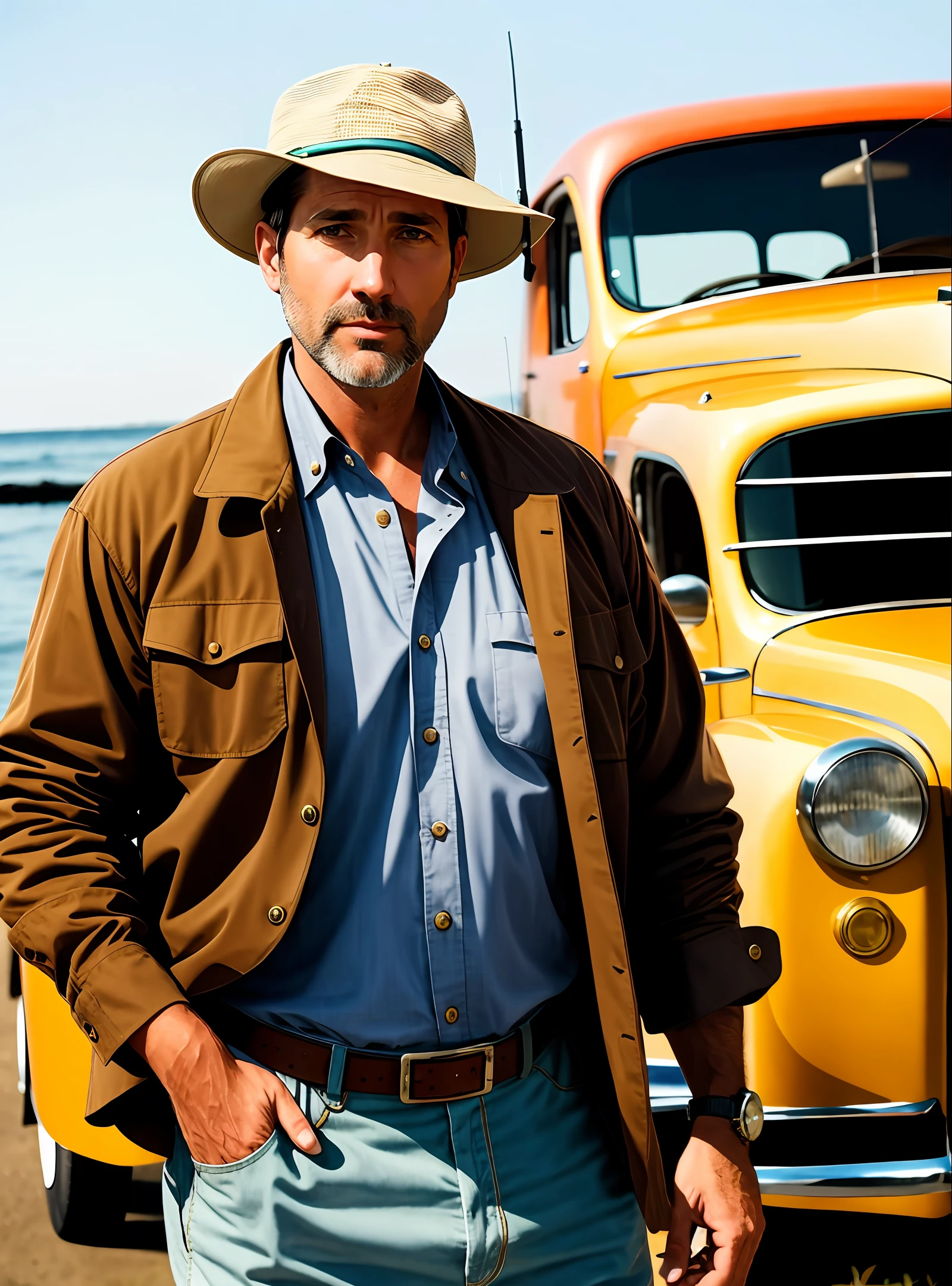 Light brunette fisherman, tall, 40 years old, wearing a hat and button-down shirt open, with a 38 revolver at the waist. Next to an opal car