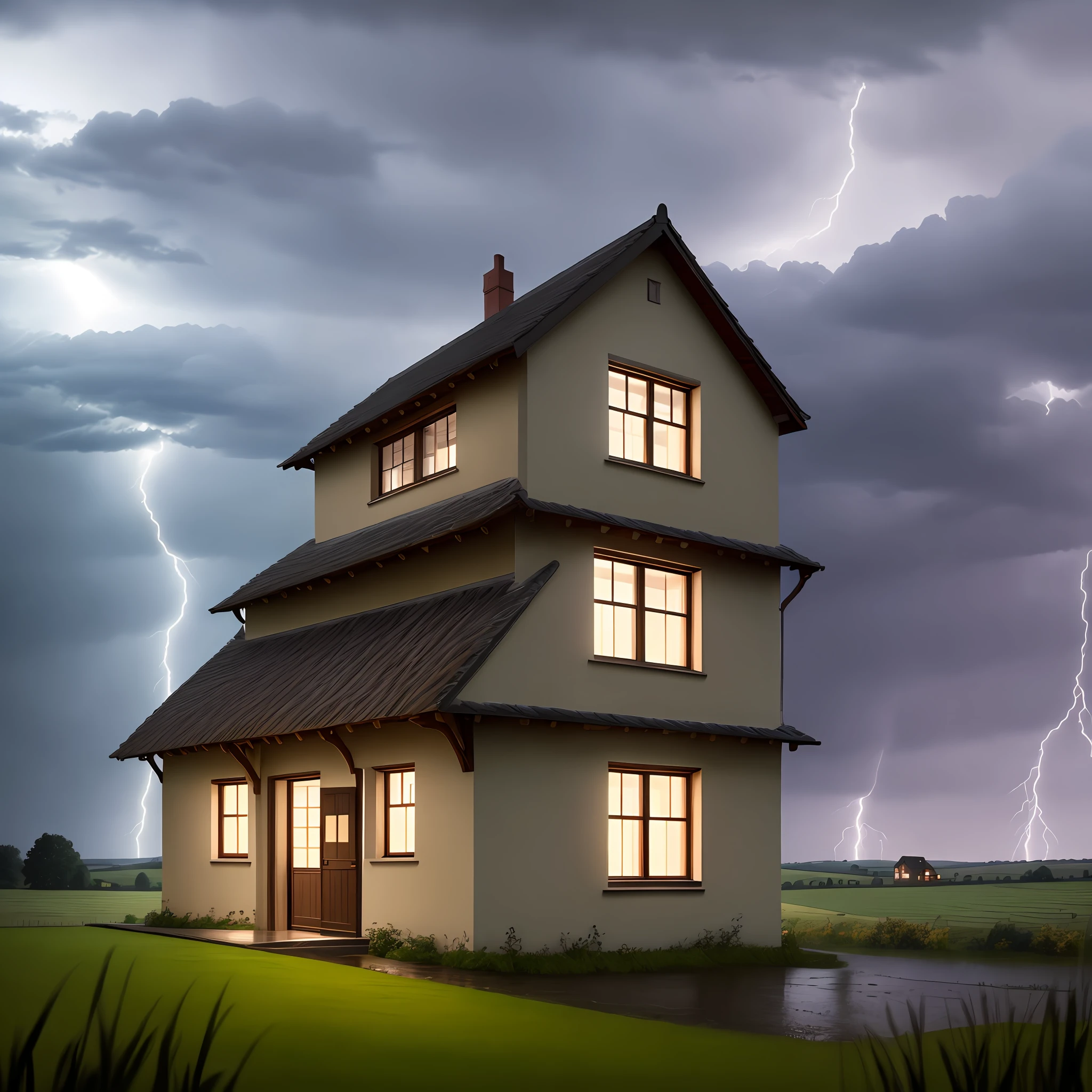 A house in the countryside during a thunderstorm
