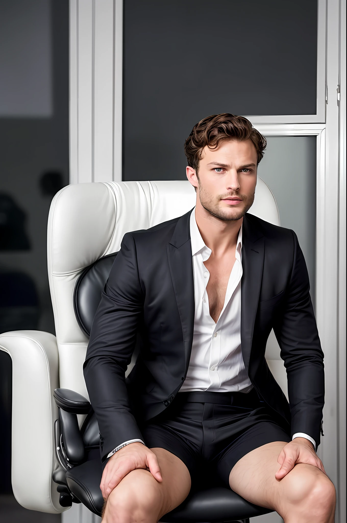 ((half body)) RAW Photo Ceo man sitting in an office chair, wearing black suit, (Using dark and attractive beard) movie scene, (Impeccable) ,Serious and elegant man, Actor Jamie Dornan, with thick male eyebrows, secret agent 007 man style, (with mysterious and serious face,) short dark hair, dark black background image,elegant and elegant, Man similar to actor Jamie Dornan, ( high quality and realistic image), ((Best Quality, 8k, Masterpiece).