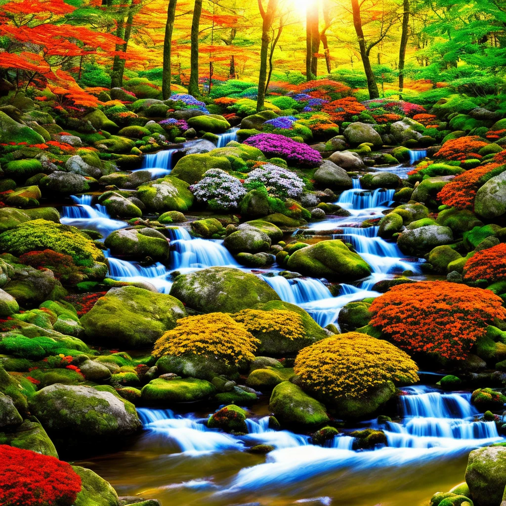 Images colorful forest diverse colors with colorful flowers orange green red blue river butterflies real photo 3d cinema 8k sun well lit vibrant colors shrubs rocks, beautiful trees with a little color