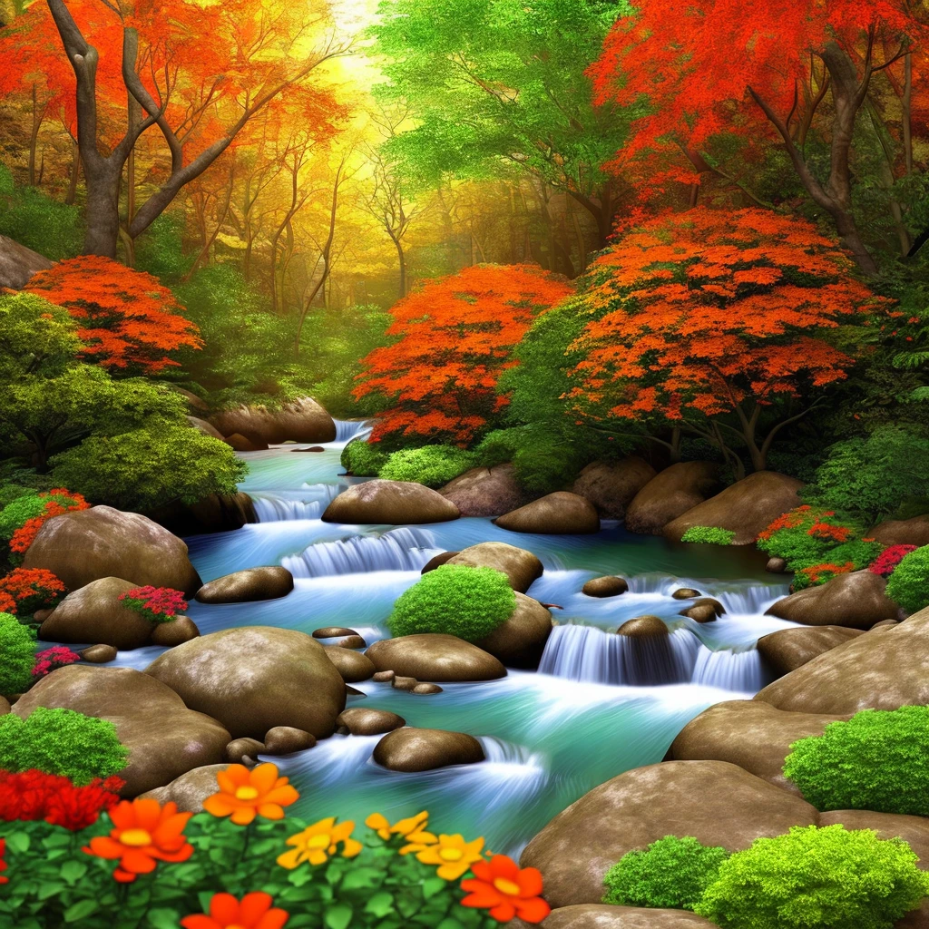Images colorful forest diverse colors with colorful flowers orange green red blue river butterflies real photo 3d cinema 8k sun well lit vibrant colors shrubs rocks, beautiful trees with a little color