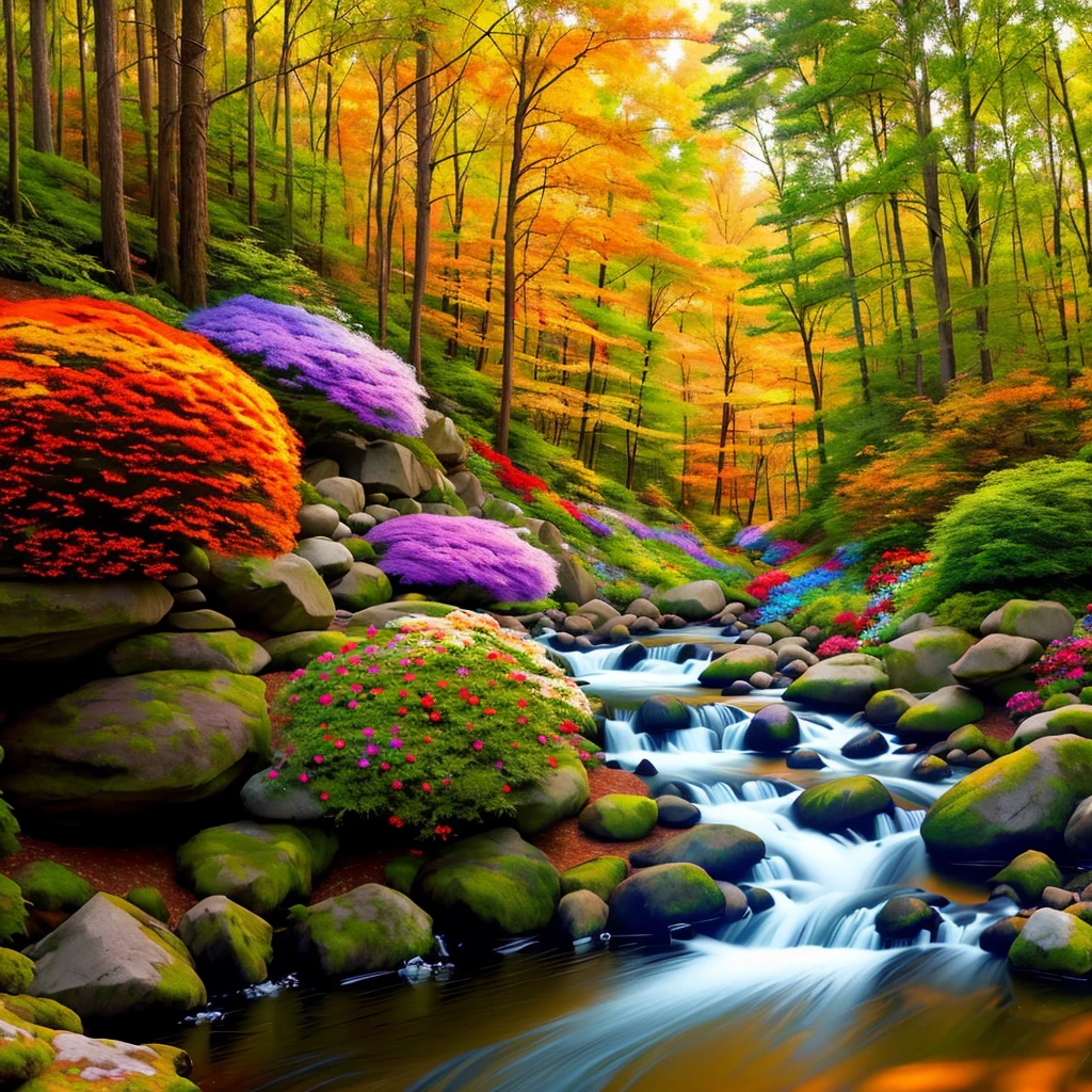 Images colorful forest diverse colors with colorful flowers orange green red blue river butterflies real photo 3d cinema 8k sun well lit vibrant colors shrubs rocks, beautiful trees with a little color